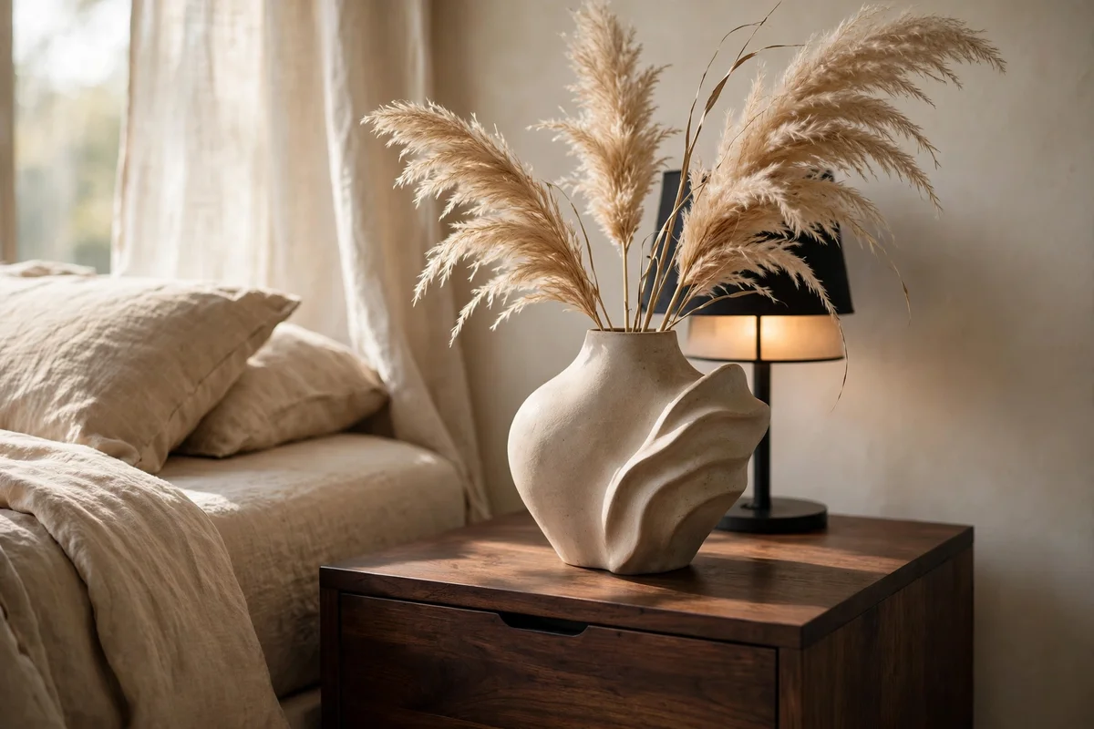 Bedside table styling ideas with one sculptural stoneware vase holding dried pampas grass