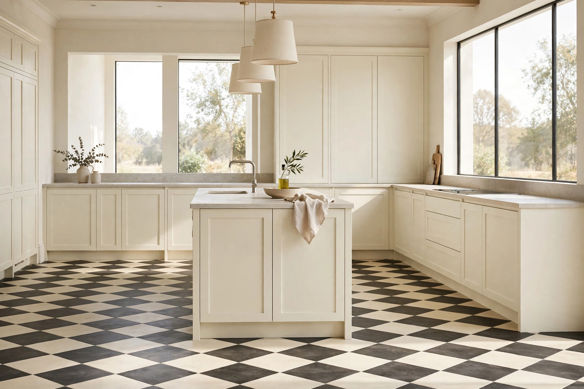 Cream kitchen ideas: cream and charcoal checkerboard tile floor in a cream kitchen