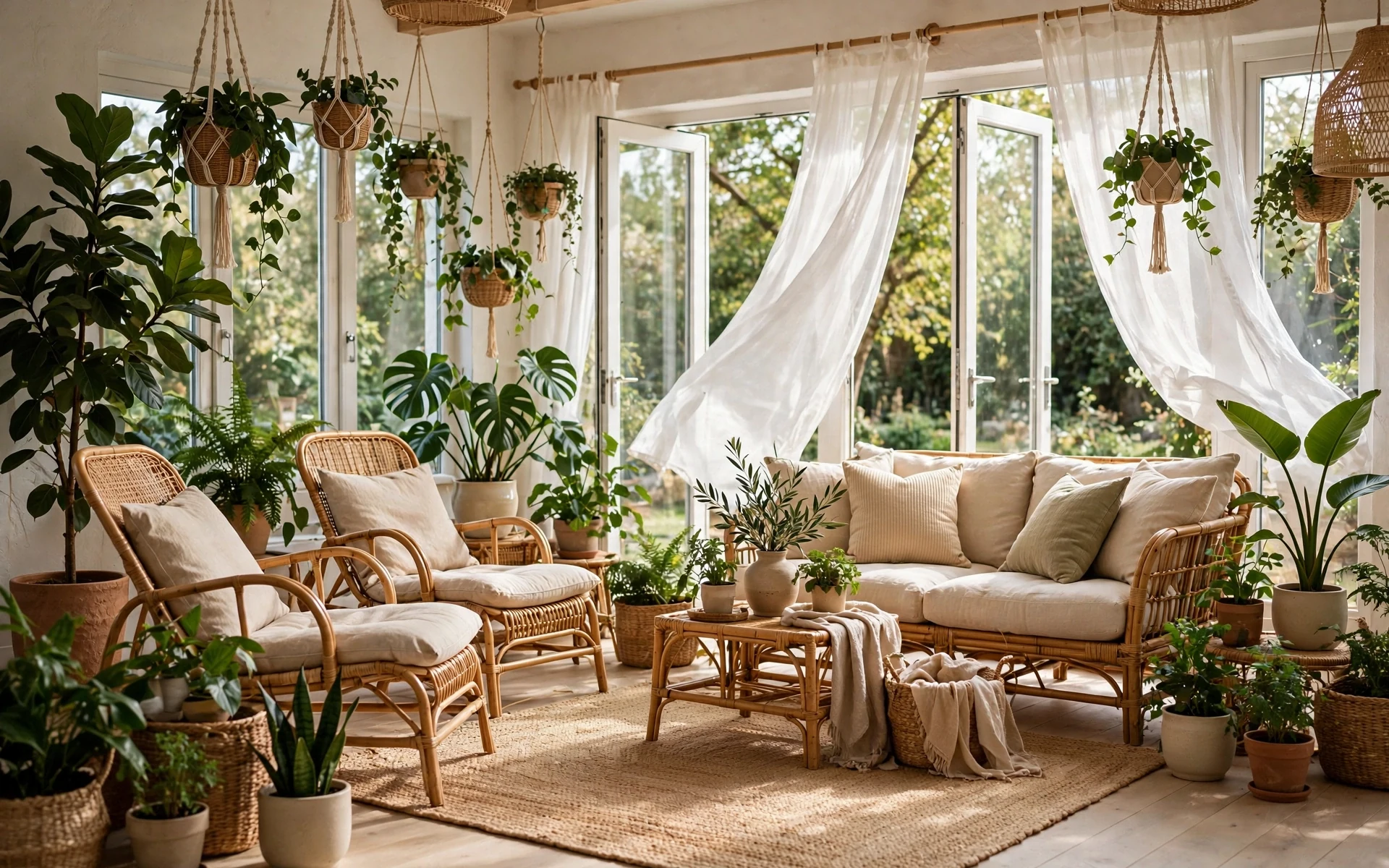 Sunroom rattan decor ideas with rattan lounge chairs, houseplants and a jute rug