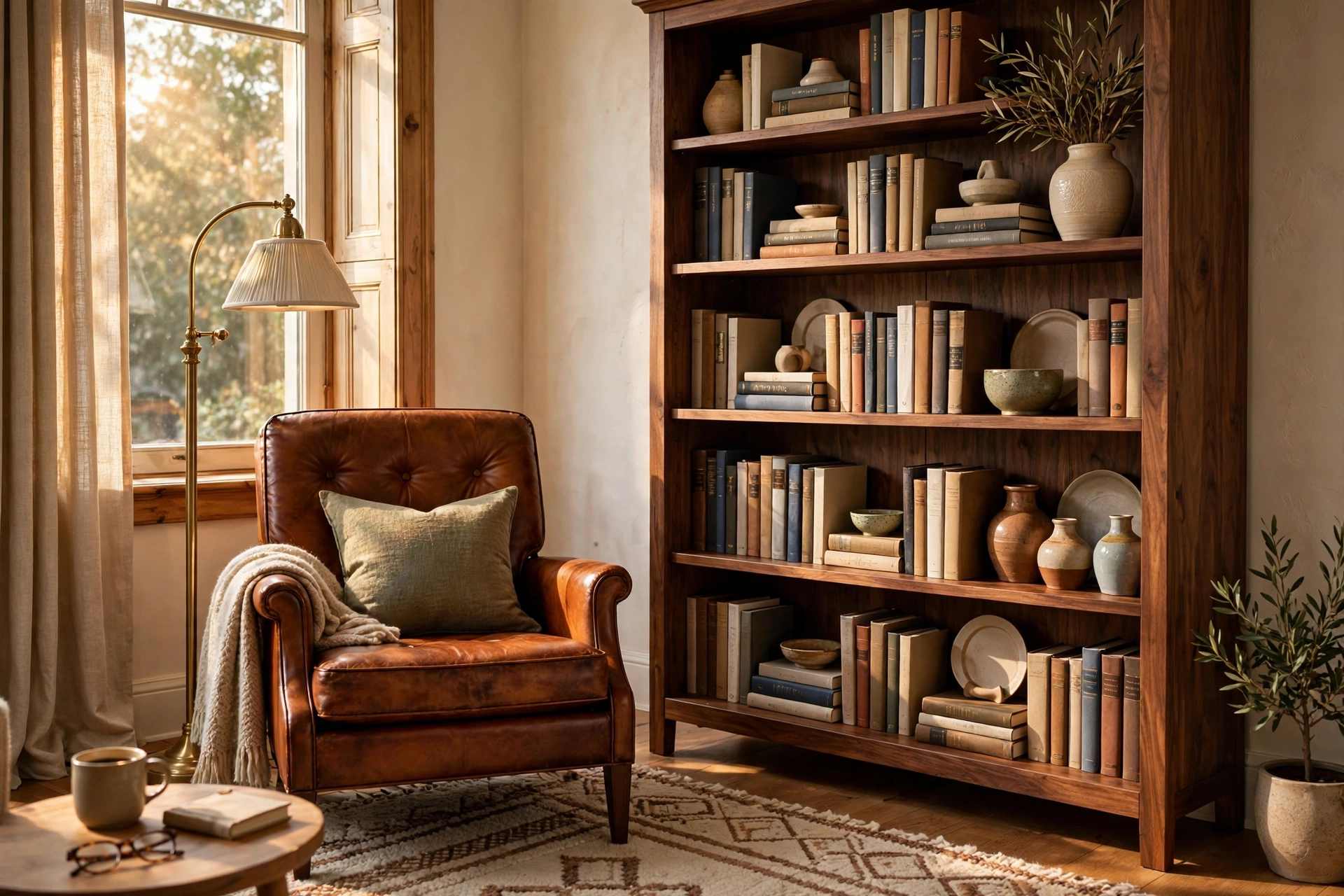 Walnut furniture ideas for a reading corner with a walnut bookcase