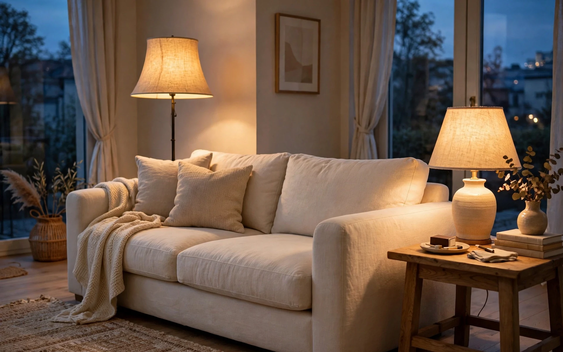 Cream sofa styling ideas lit by a warm floor lamp with a linen shade at dusk