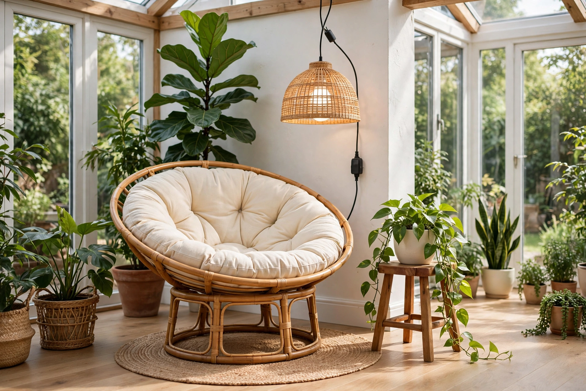 Reading nook ideas: rattan papasan chair surrounded by houseplants with a hanging pendant light