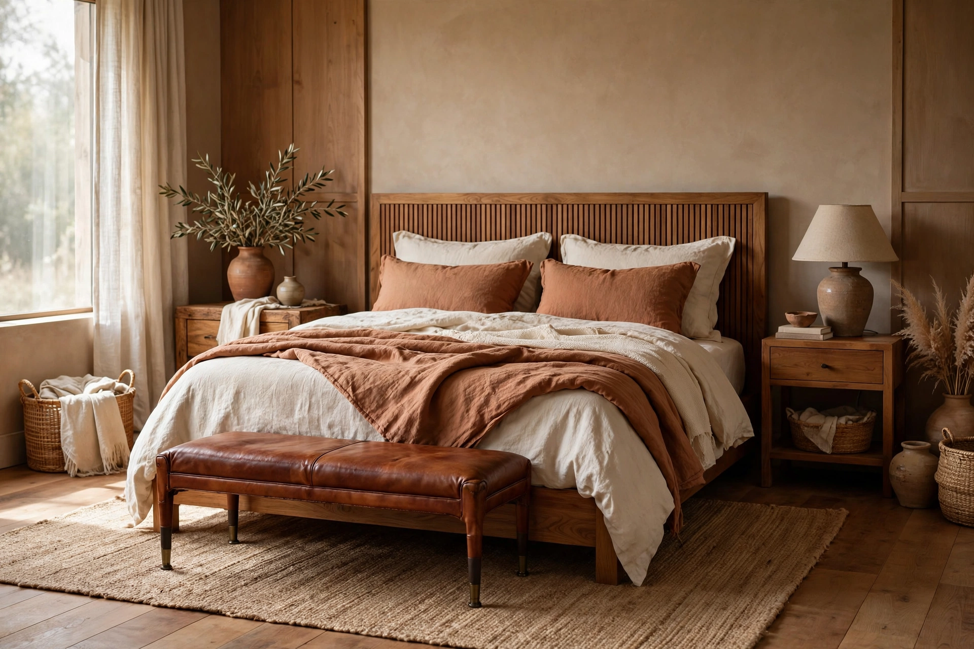 Earthy bedroom ideas: cognac leather bench at the foot of a bed in an earthy bedroom
