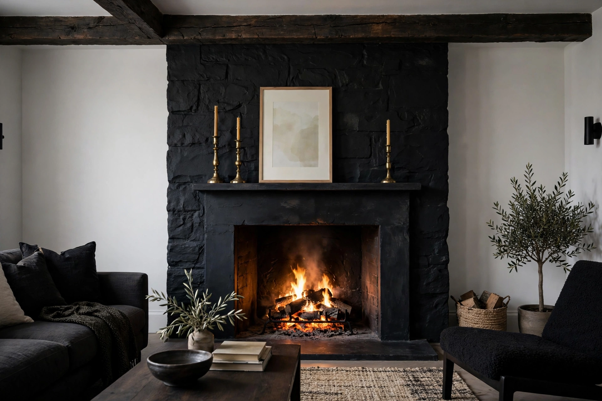 Stone fireplace ideas with dark charcoal-painted stone, brass candlesticks, and glowing firelight