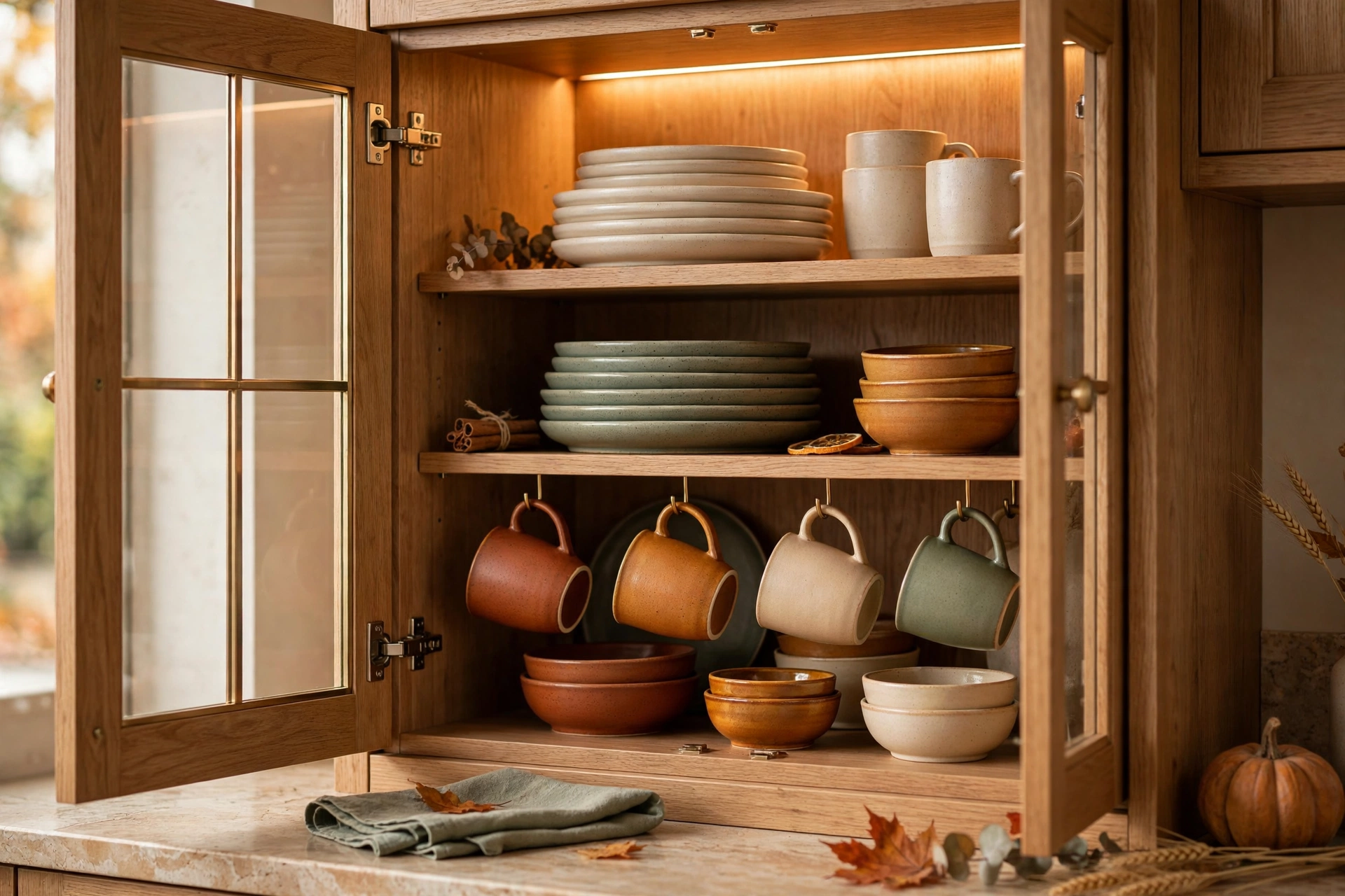 Fall kitchen decor ideas with autumn-toned stoneware mugs and dishes in a glass cabinet