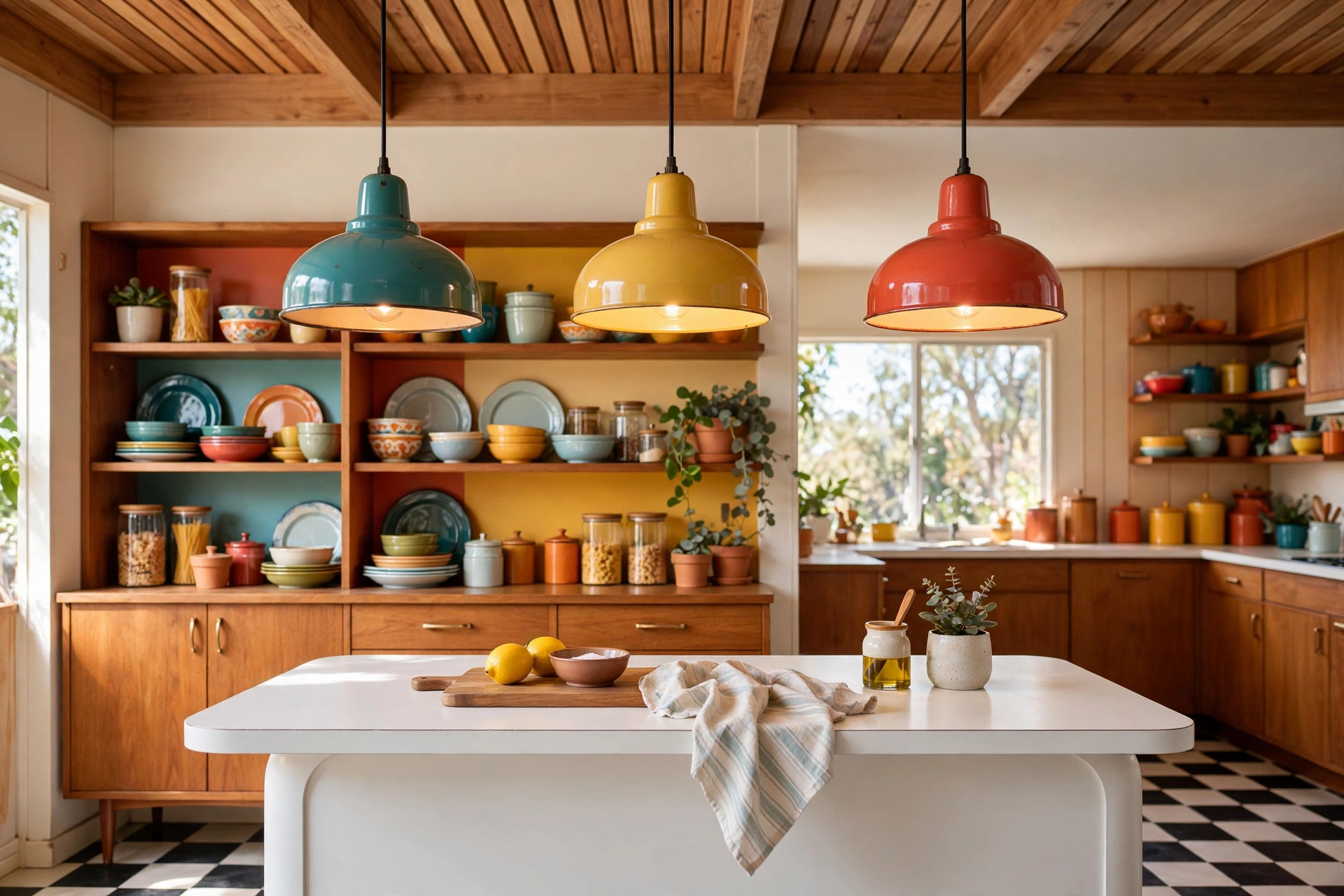 Kitchen pendant lighting ideas: colorful retro enamel pendants in teal yellow and red over a white island