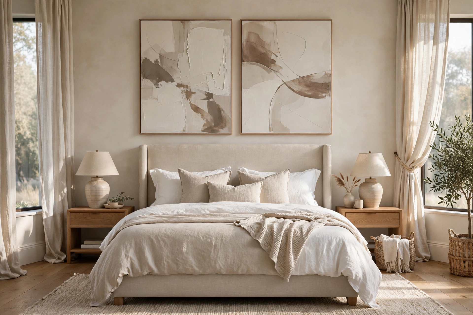 Neutral abstract diptych above an upholstered bed — oversized wall art ideas for over the bed