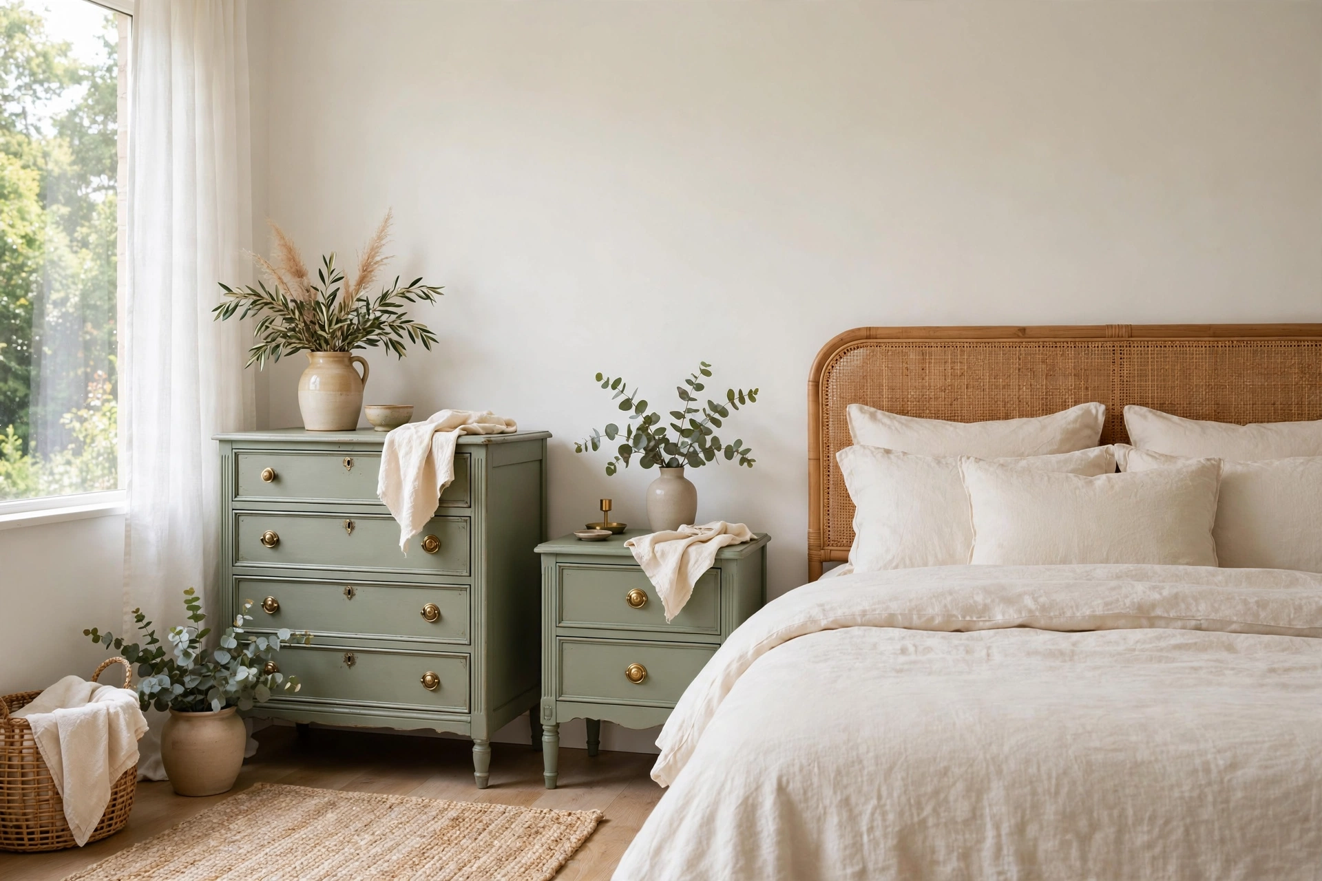 Sage green bedroom ideas with a vintage dresser painted sage green