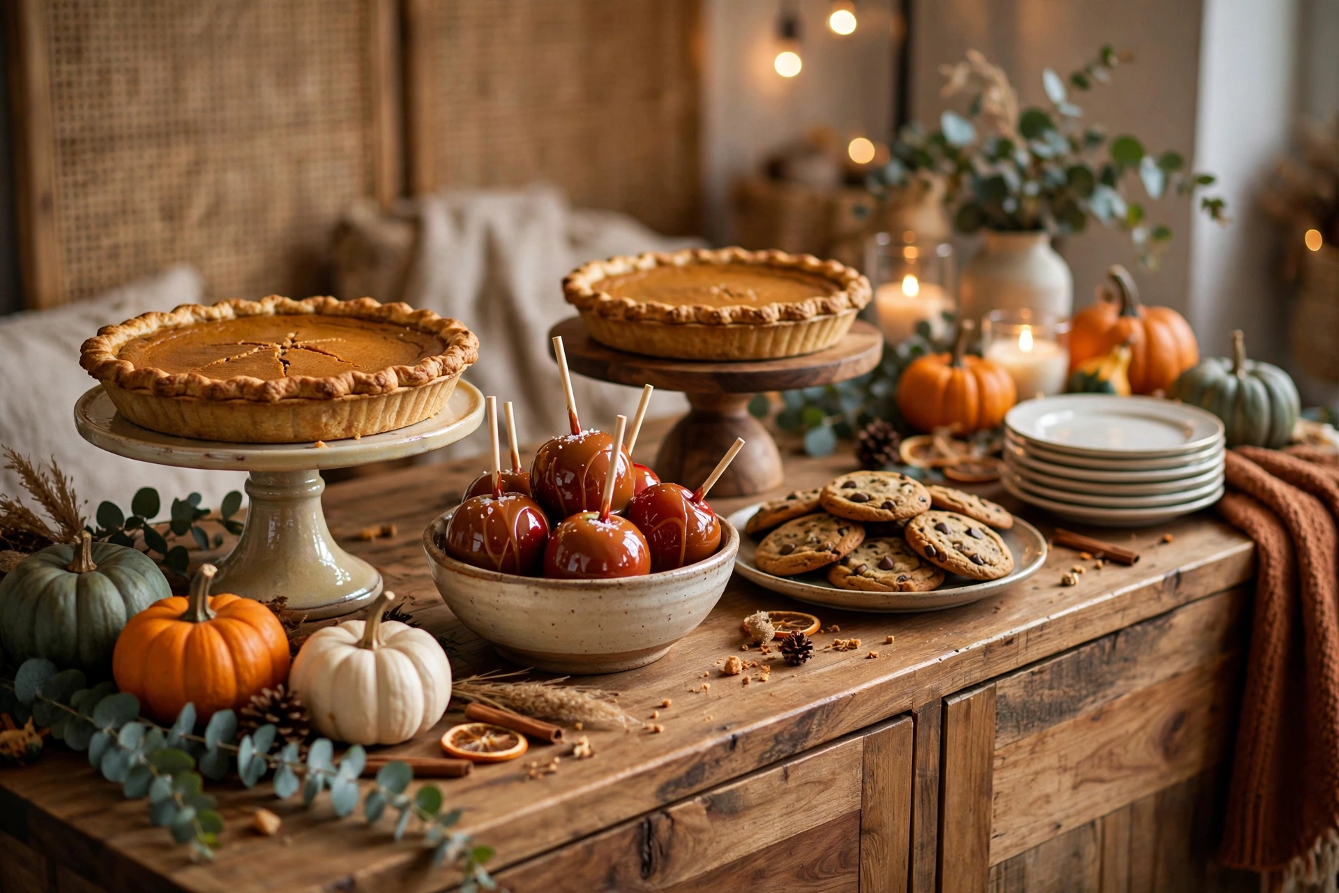 Festive thanksgiving table decor ideas with a dessert station of pies on cake stands
