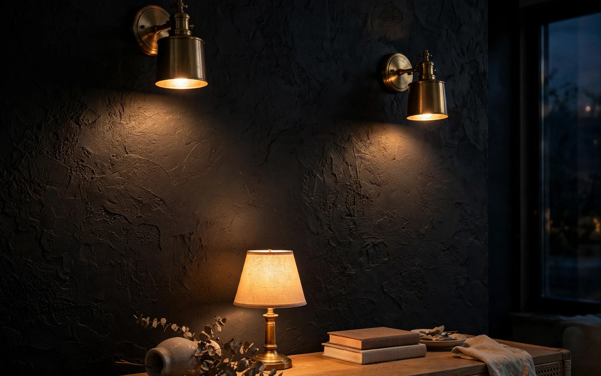 Black accent wall ideas lit by brass sconces washing warm light across the dark surface