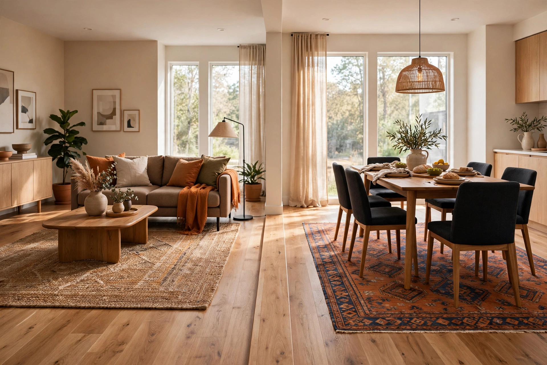Area rug open floor plan ideas: two area rugs with a clear strip of bare wood floor between them defining separate zones
