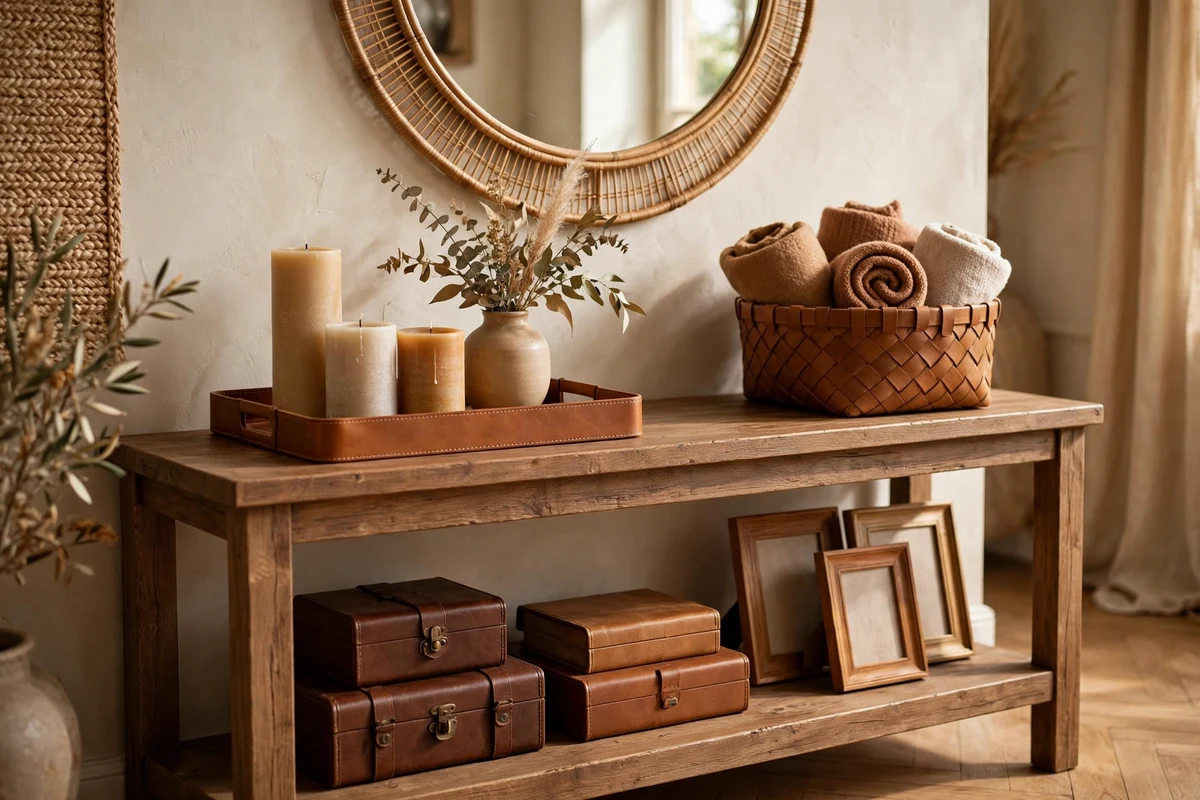 Caramel leather decor ideas: console styled with a caramel leather tray, basket, and frames