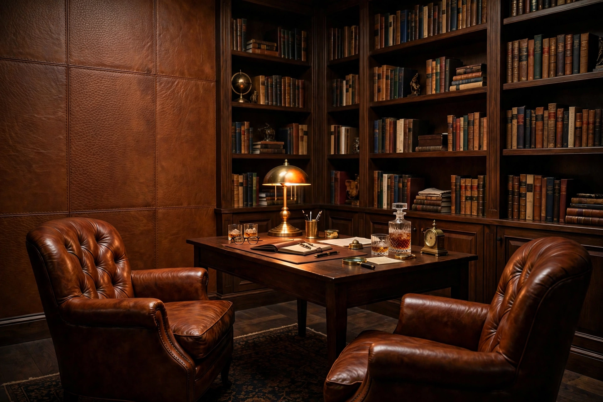 textured wallpaper ideas: home study with cognac leather-look embossed textured wallpaper showing pebbled grain and stitched seams, bookshelves and leather club chairs