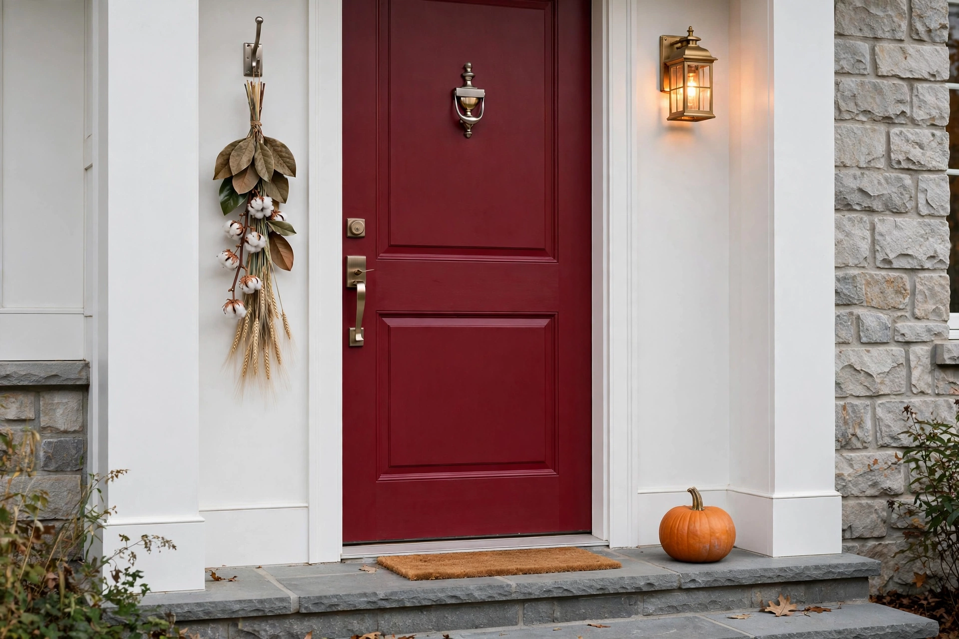 Fall front door decor ideas with a seasonal dried-leaf swag and refreshed brass hardware on a red door