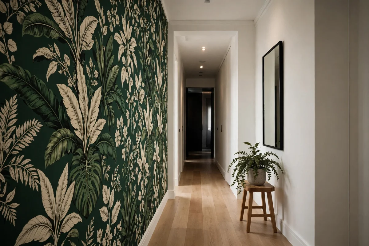Narrow hallway decorating ideas: large slim-framed mirror on a narrow hallway wall reflecting light