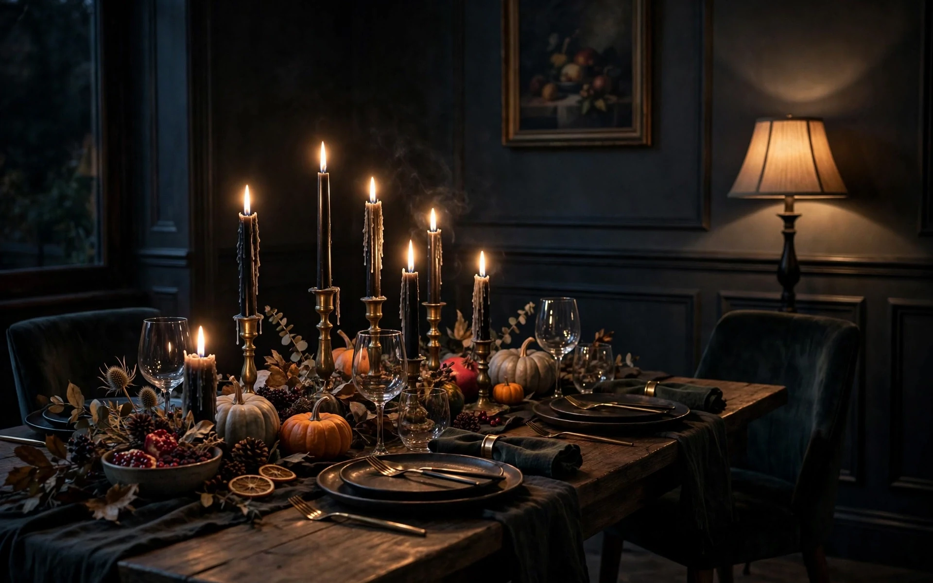 Moody candlelit dining room halloween table setting ideas with warm low light