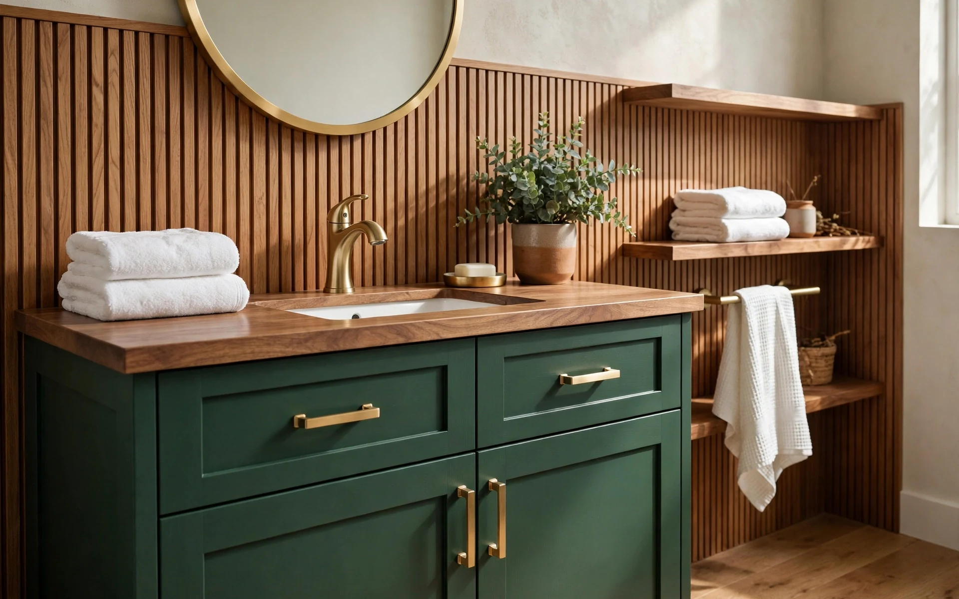 Gold bathroom fixtures ideas paired with a deep green vanity and warm wood accents