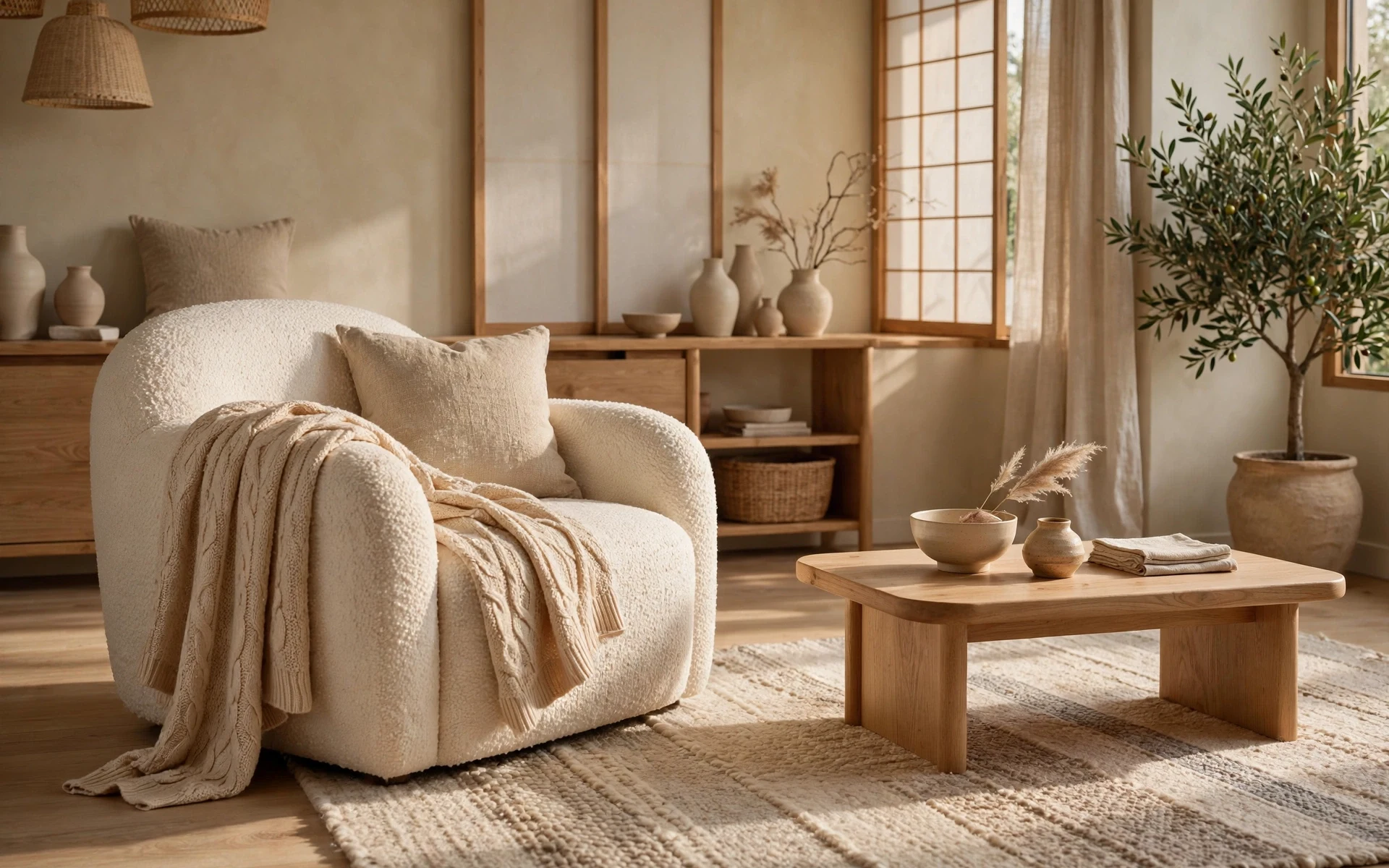Cream boucle armchair and textured wool rug in japandi living room ideas for Scandinavian coziness