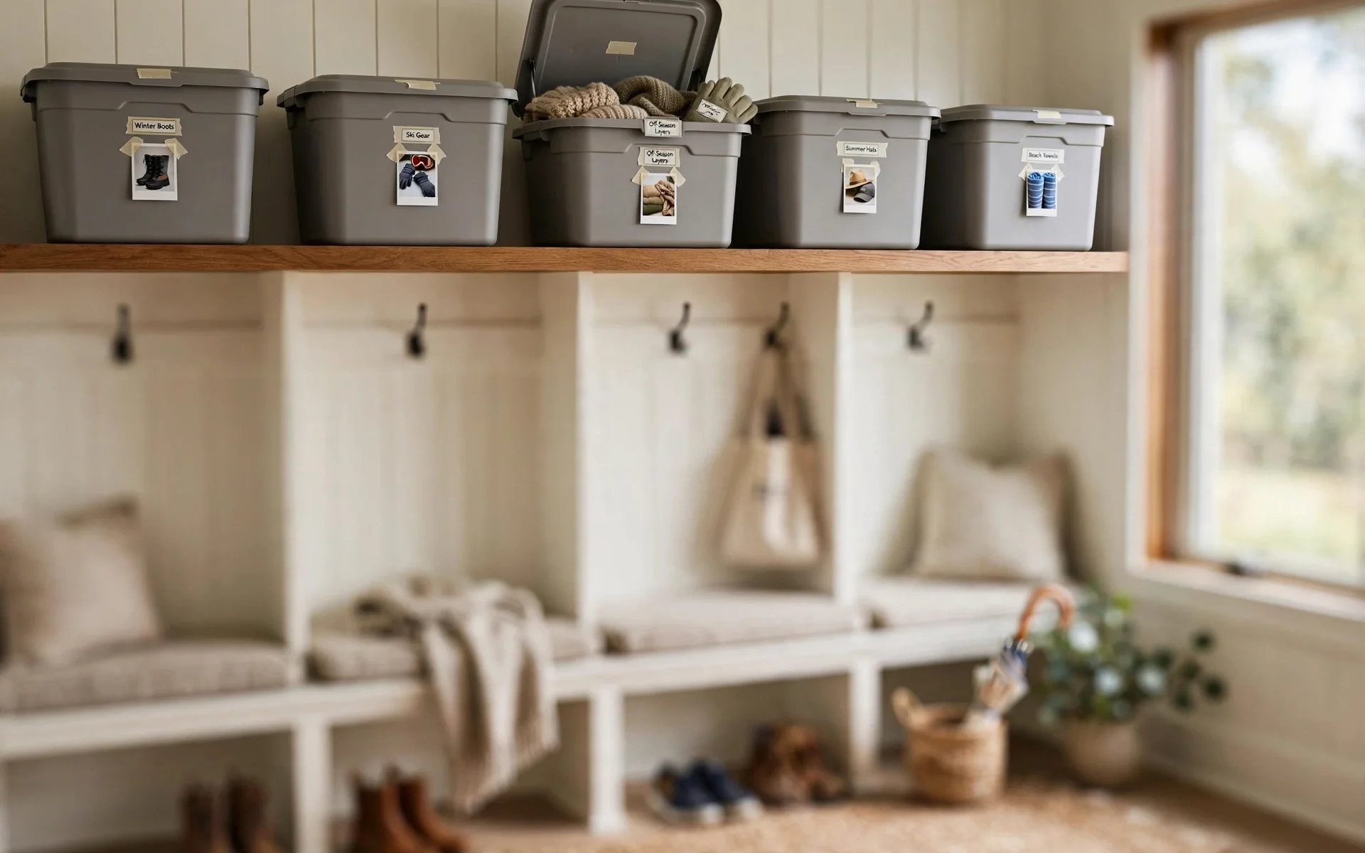 Labeled storage bins on a top shelf for seasonal rotation in a mudroom, maintenance mudroom ideas