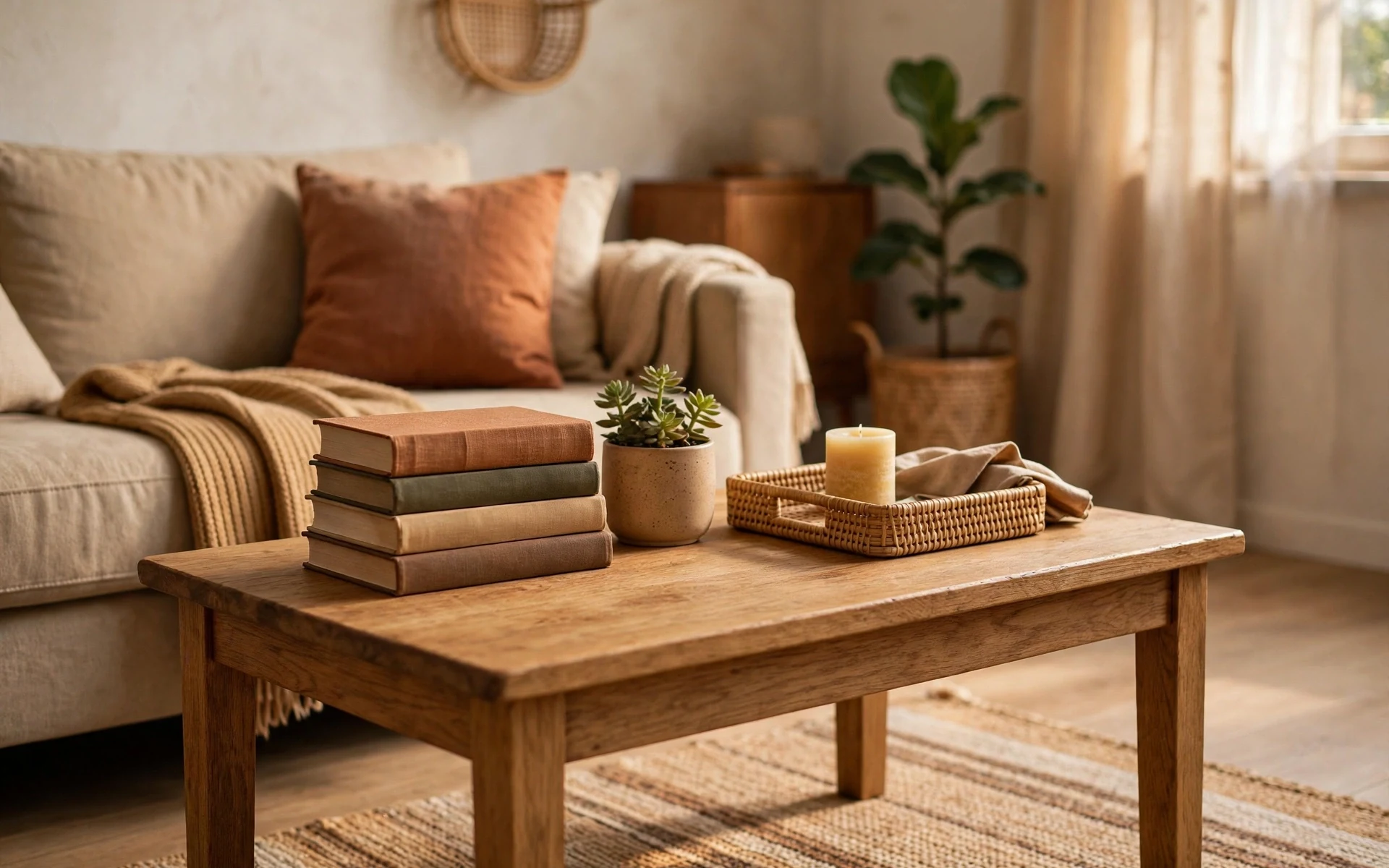 Small-space coffee table styling ideas with a vertical book stack, small plant and off-center tray