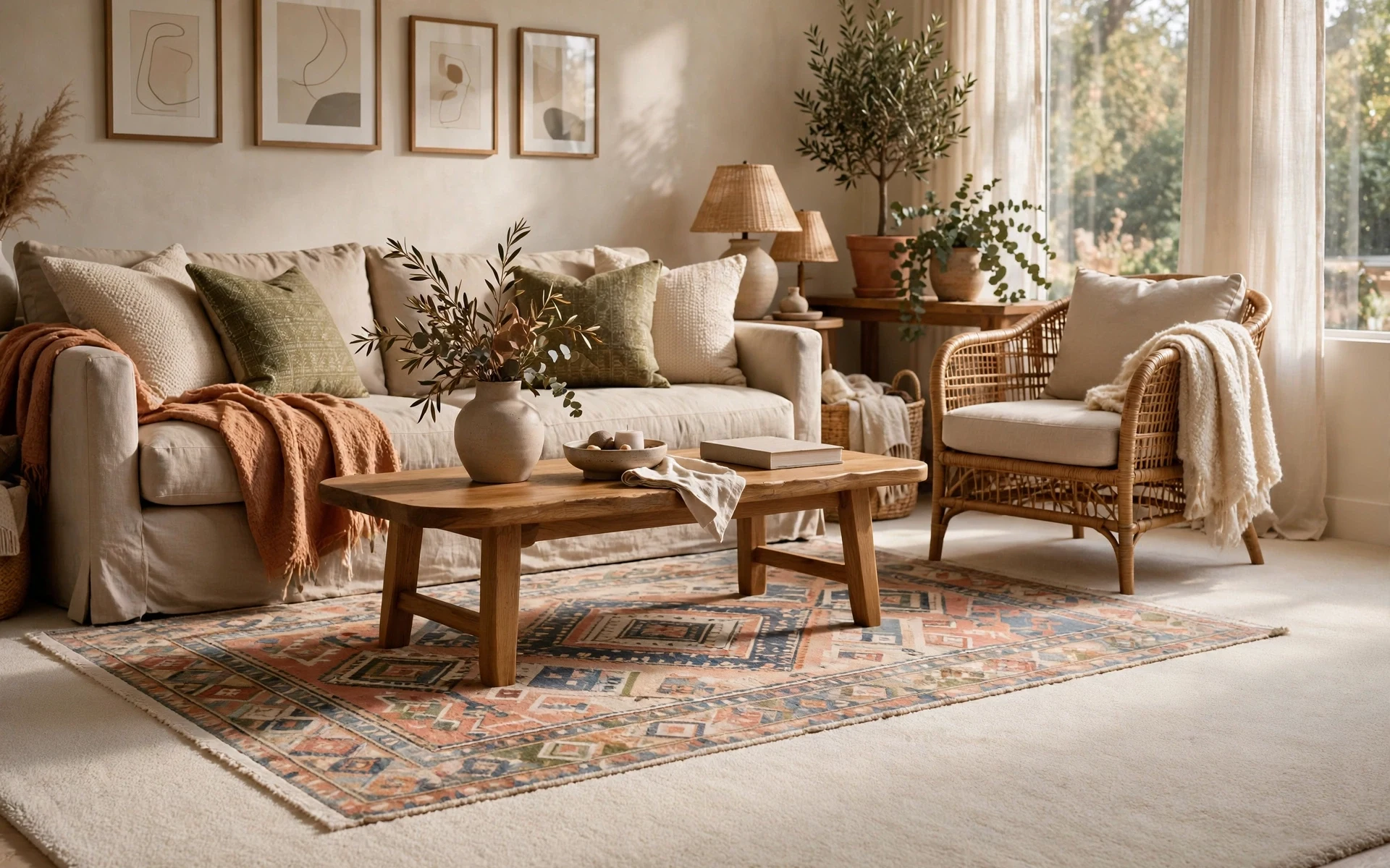 Rug layering ideas over wall-to-wall carpet with a low-pile patterned area rug on top