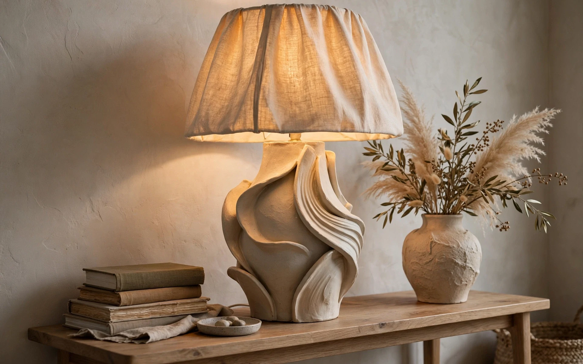 Oversized table lamp statement lighting ideas with a sculptural ceramic lamp on a console table