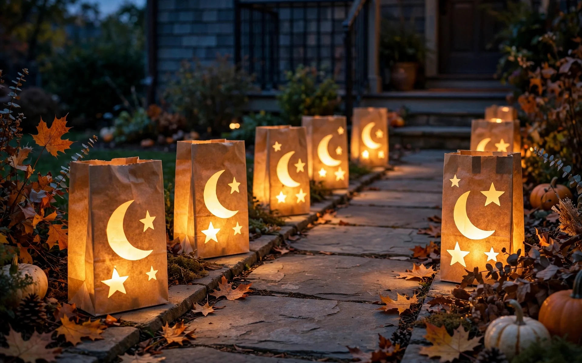 Paper bag luminaries with cut-out moons lighting a walkway as diy halloween decor ideas