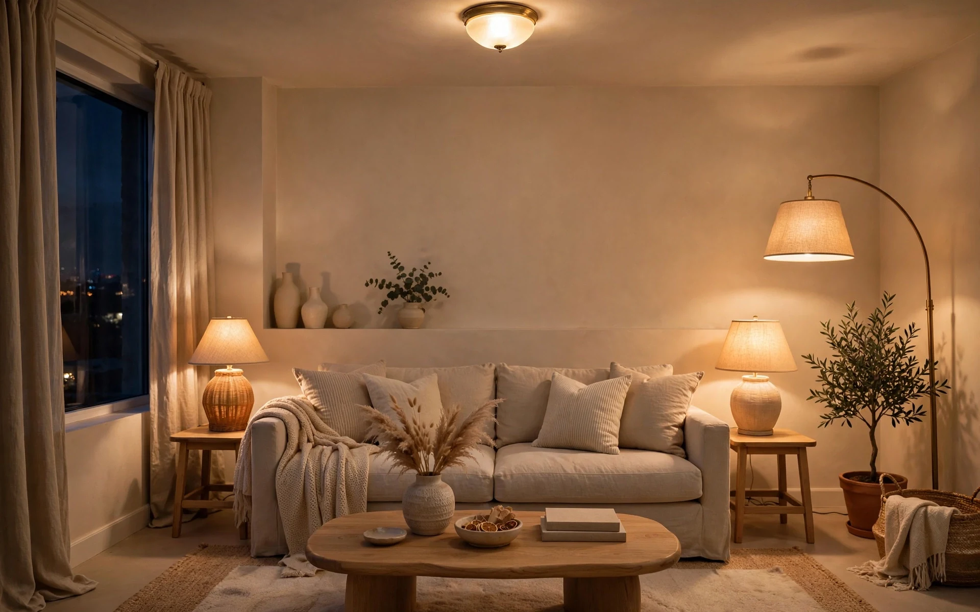 Layered lamps at three heights warming beige living room ideas in the evening