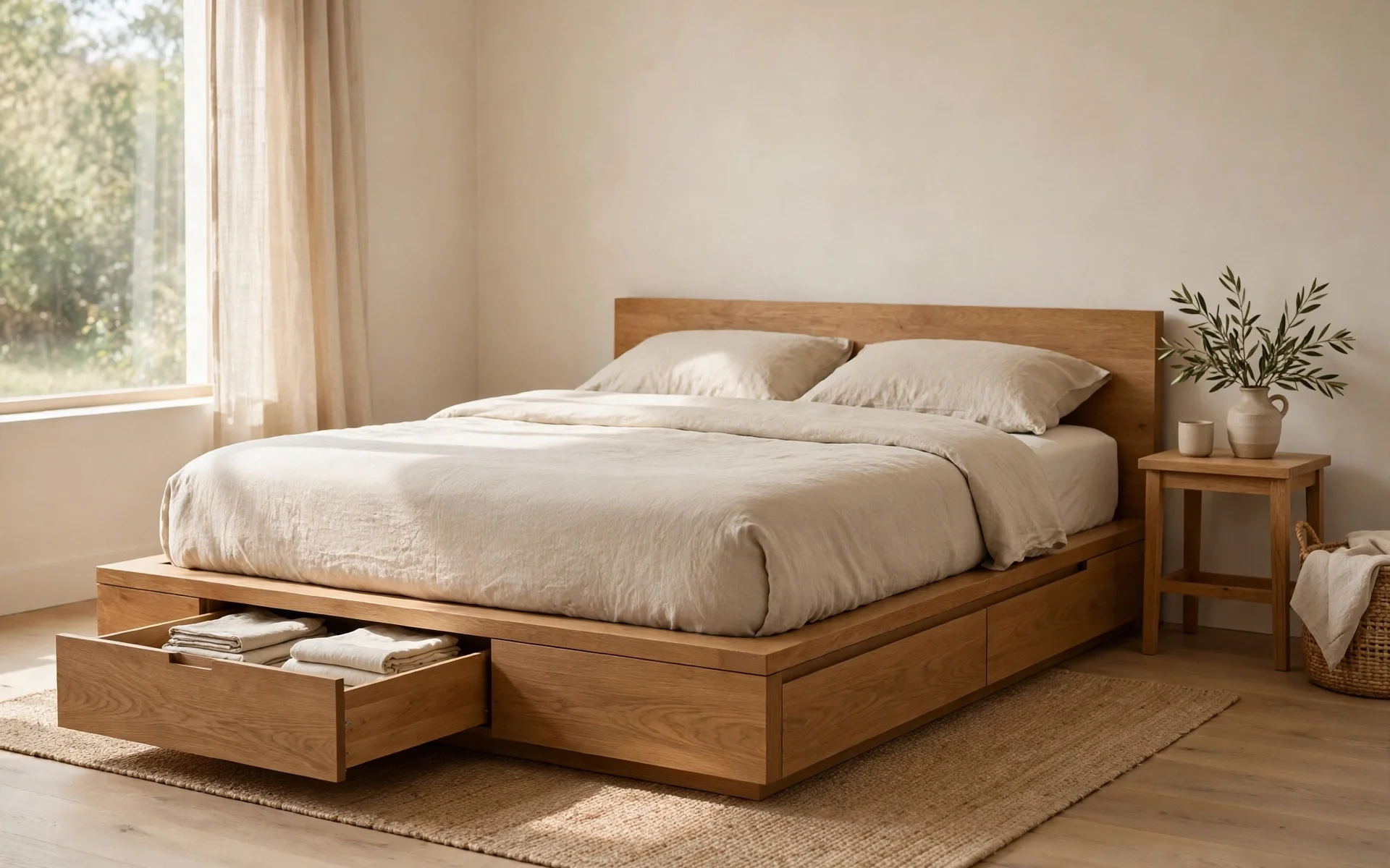 Warm minimalist bedroom ideas with a low oak bed with hidden storage drawers