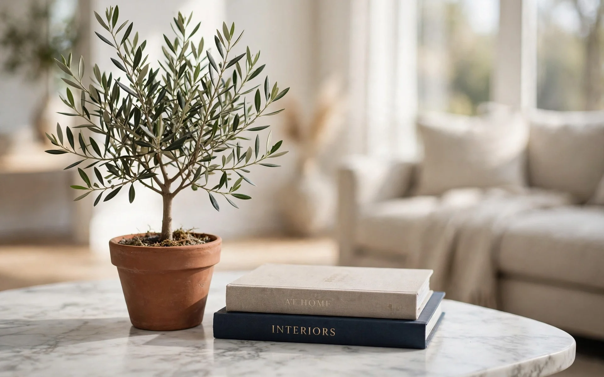 Marble coffee table ideas with a small potted olive tree beside a stack of books
