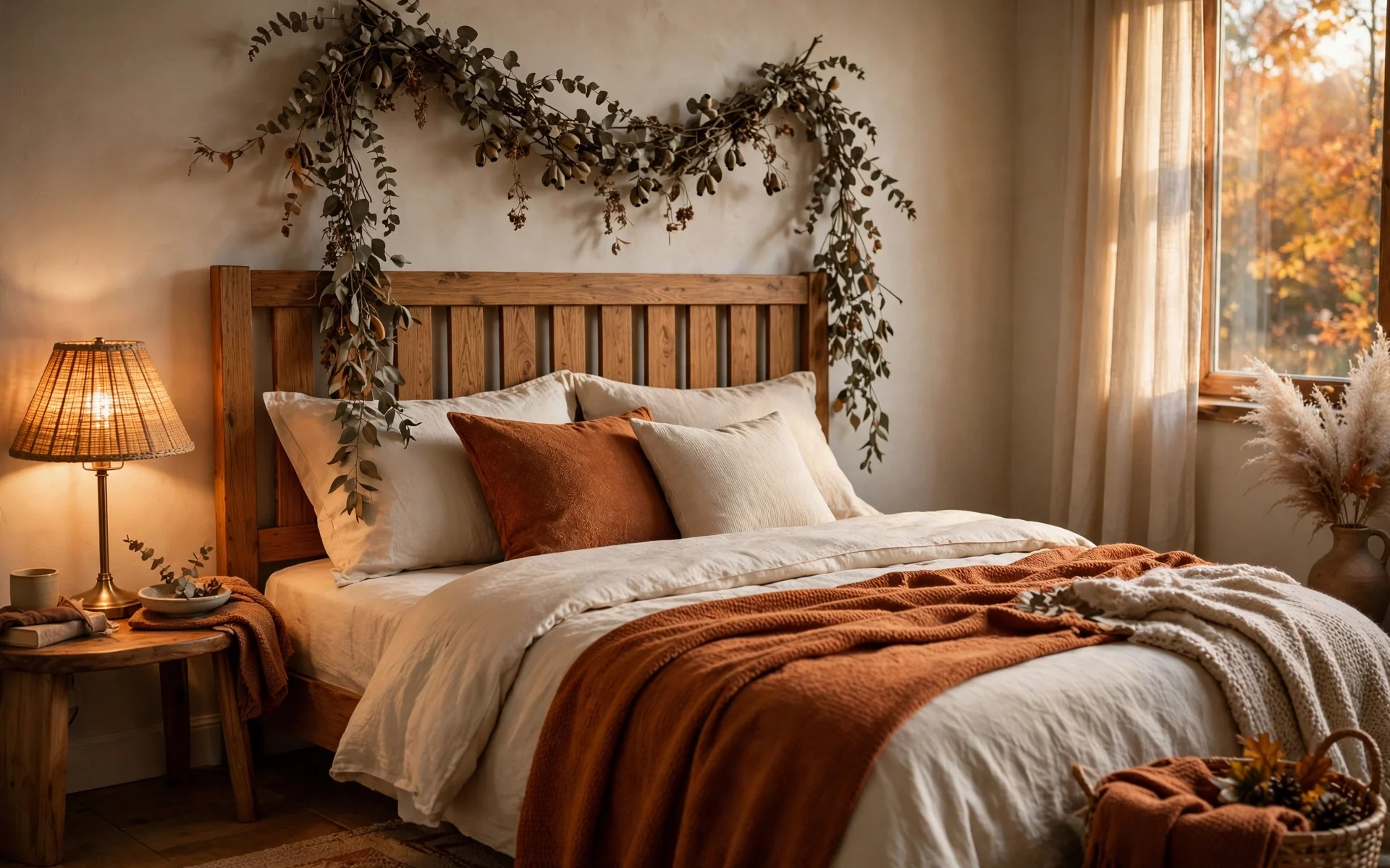 Fall bedroom decor ideas with a dried eucalyptus garland on the headboard