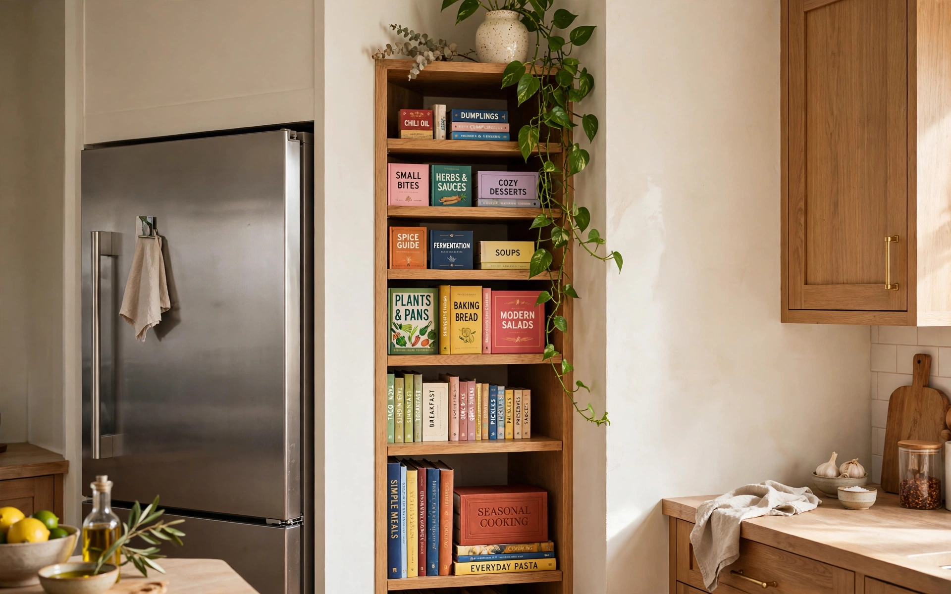 Open shelf kitchen ideas with a cookbook niche between the fridge and the wall