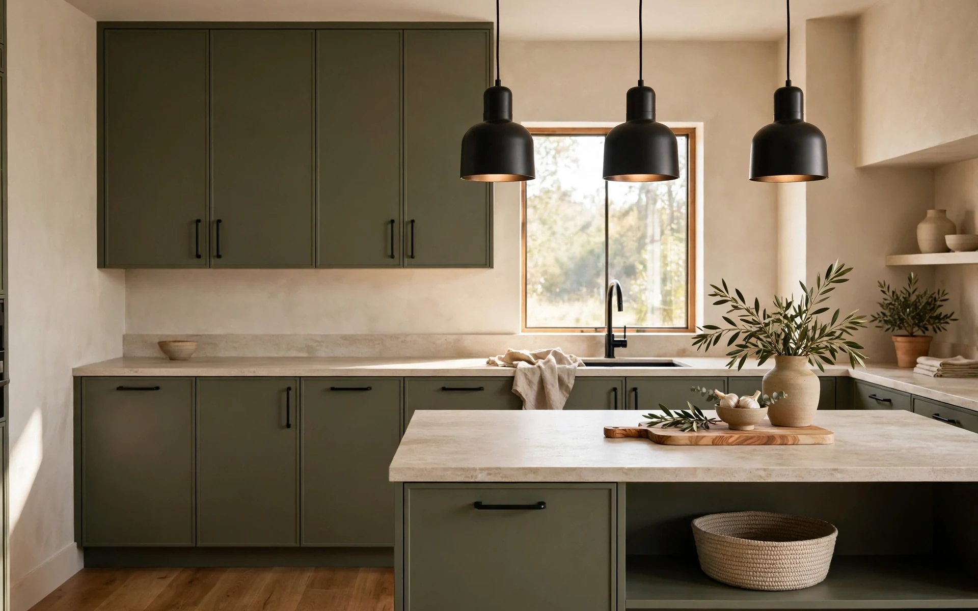 Modern olive green kitchen ideas with matte olive cabinets and black handles and pendants