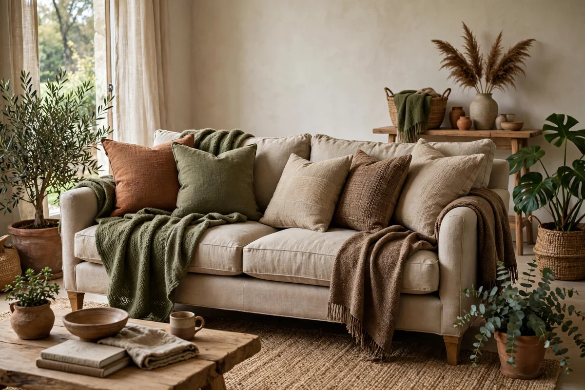 Biophilic decor ideas — a sofa layered with linen, wool, and cotton textiles in moss, clay, and bark tones
