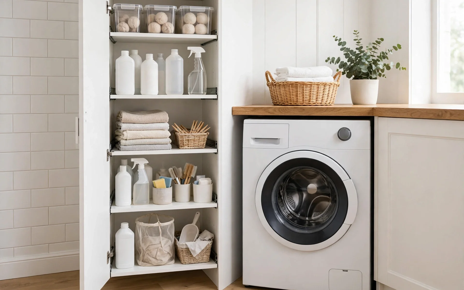 Tall narrow pull-out storage tower next to laundry appliances, vertical small laundry room ideas