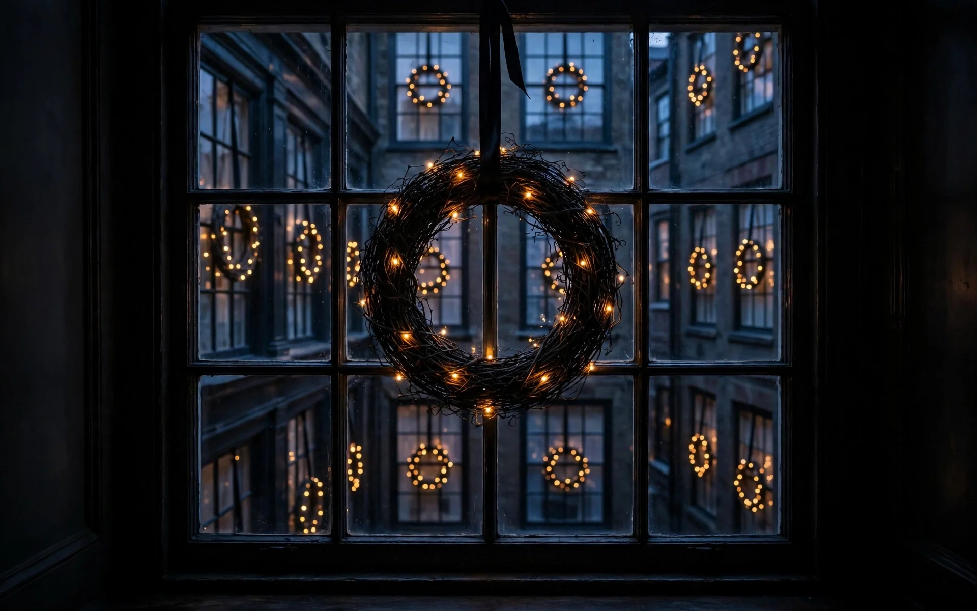 Halloween window decor ideas with black-branch wreaths and amber fairy lights hanging in each window pane