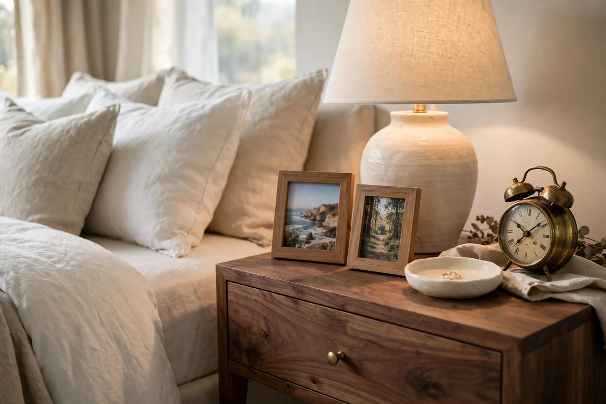 Bedside table styling ideas with personal touches: framed photos and a keepsake dish
