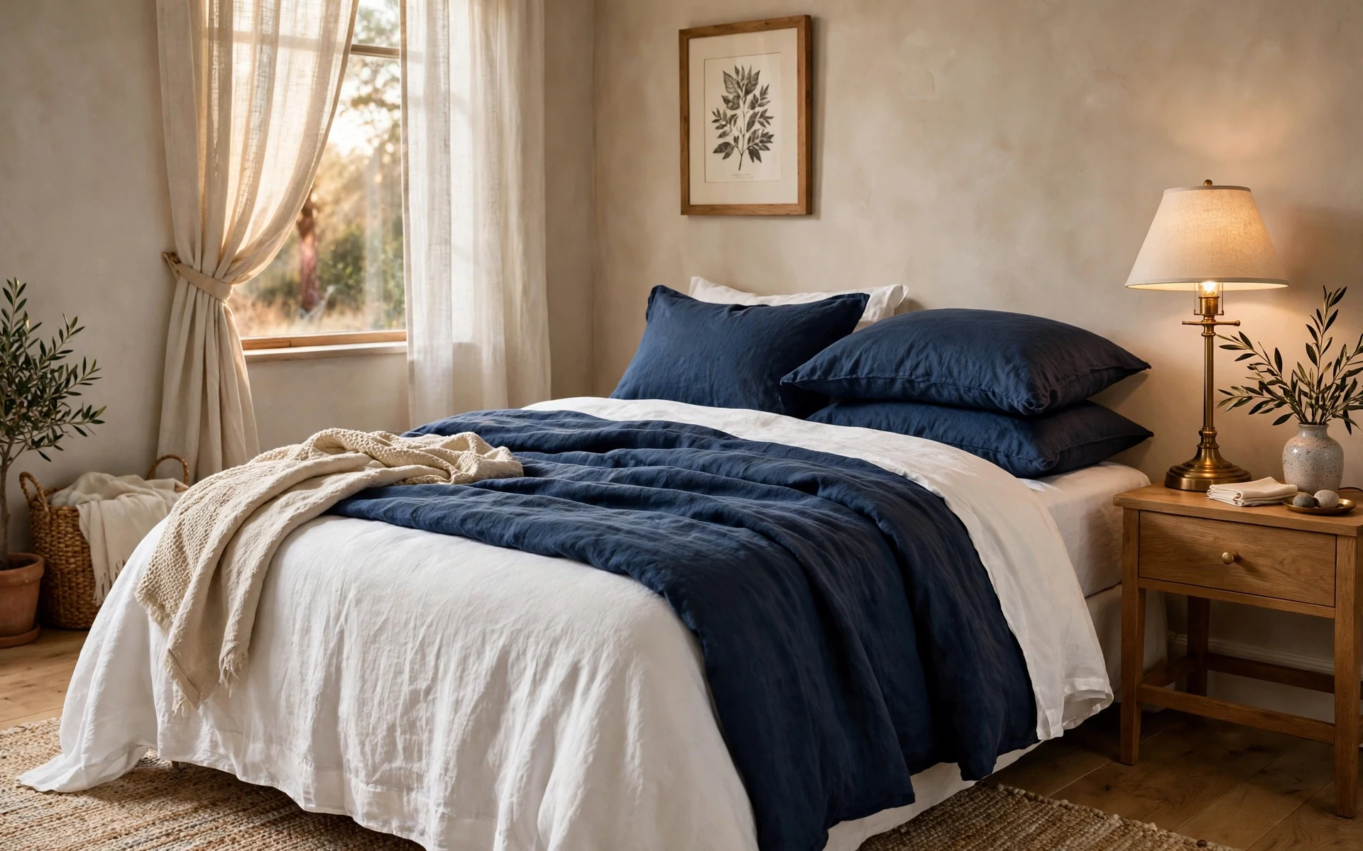 Navy linen bedding ideas with a navy linen duvet contrasted against crisp white linen sheets