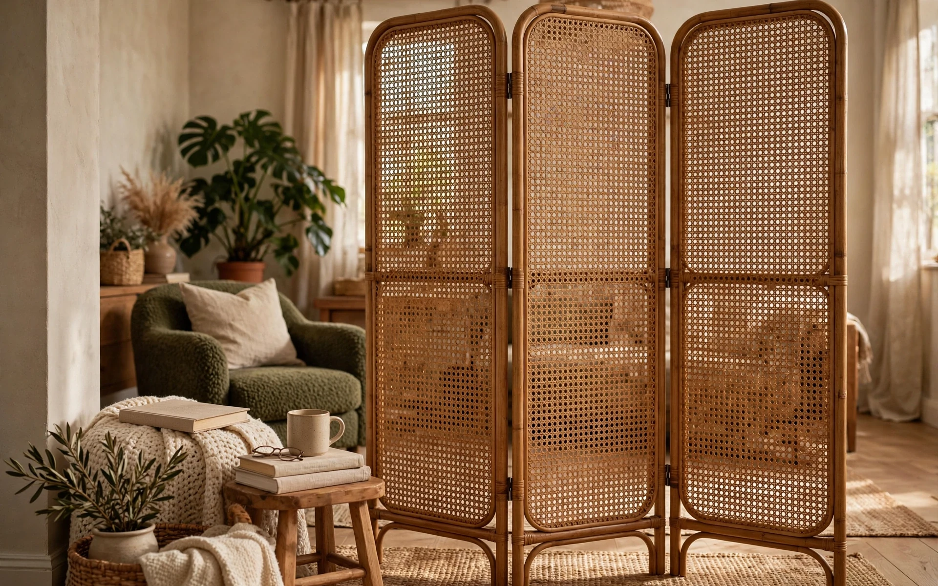Rattan decor ideas using a folding rattan screen to create a cozy reading nook