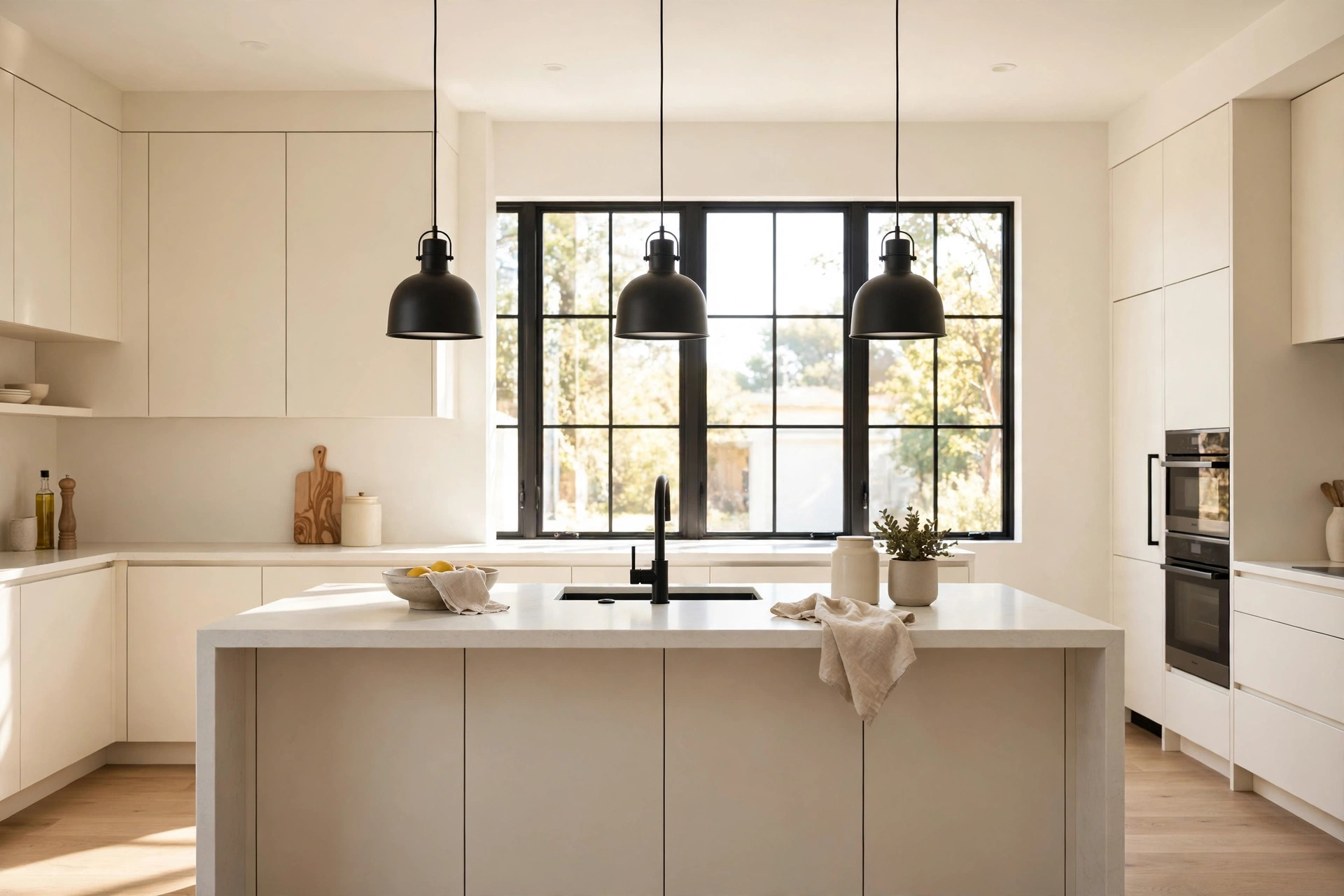 Cream kitchen ideas: modern cream kitchen with matte black pendants and black accents