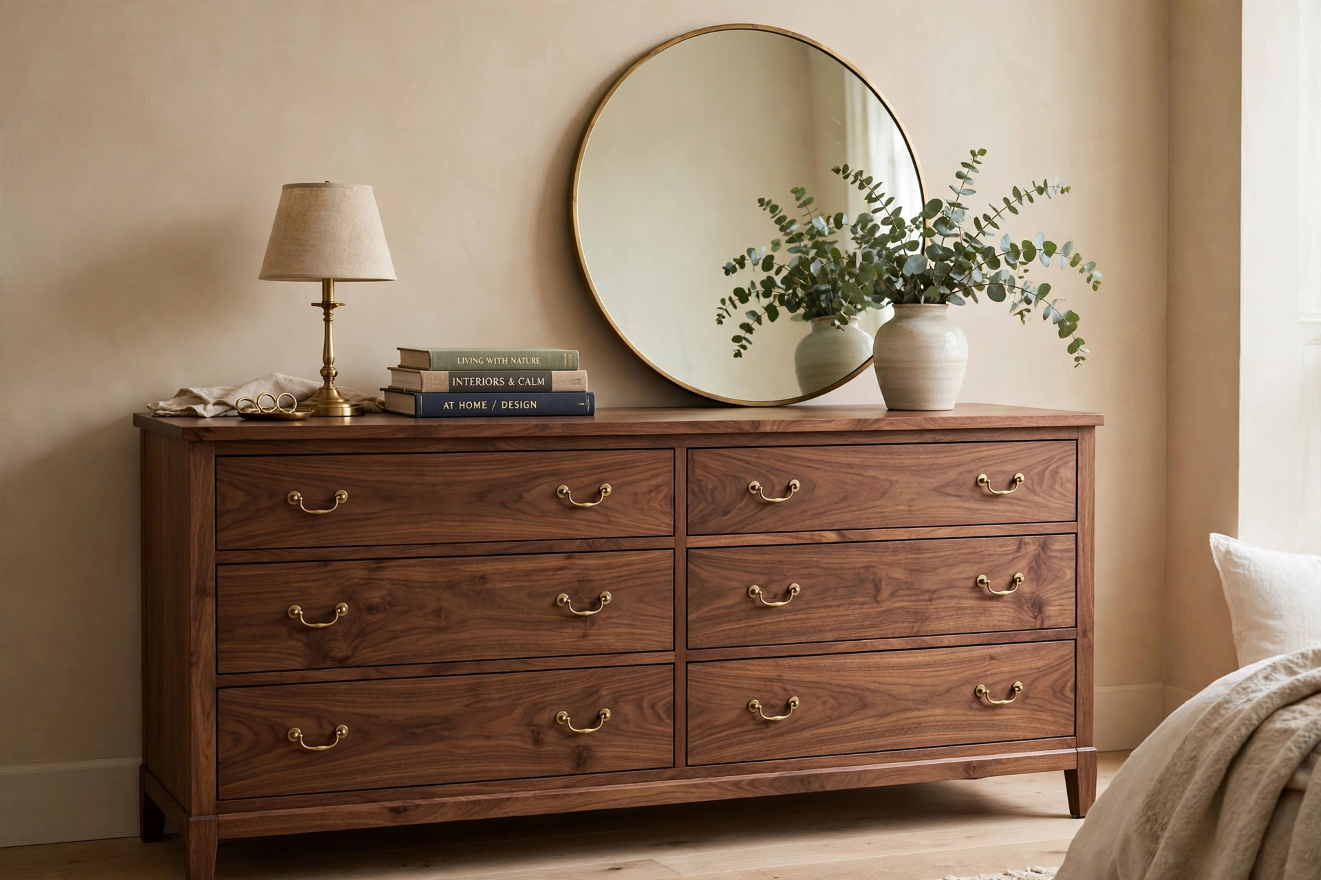 Walnut furniture ideas with a walnut dresser and brass pulls