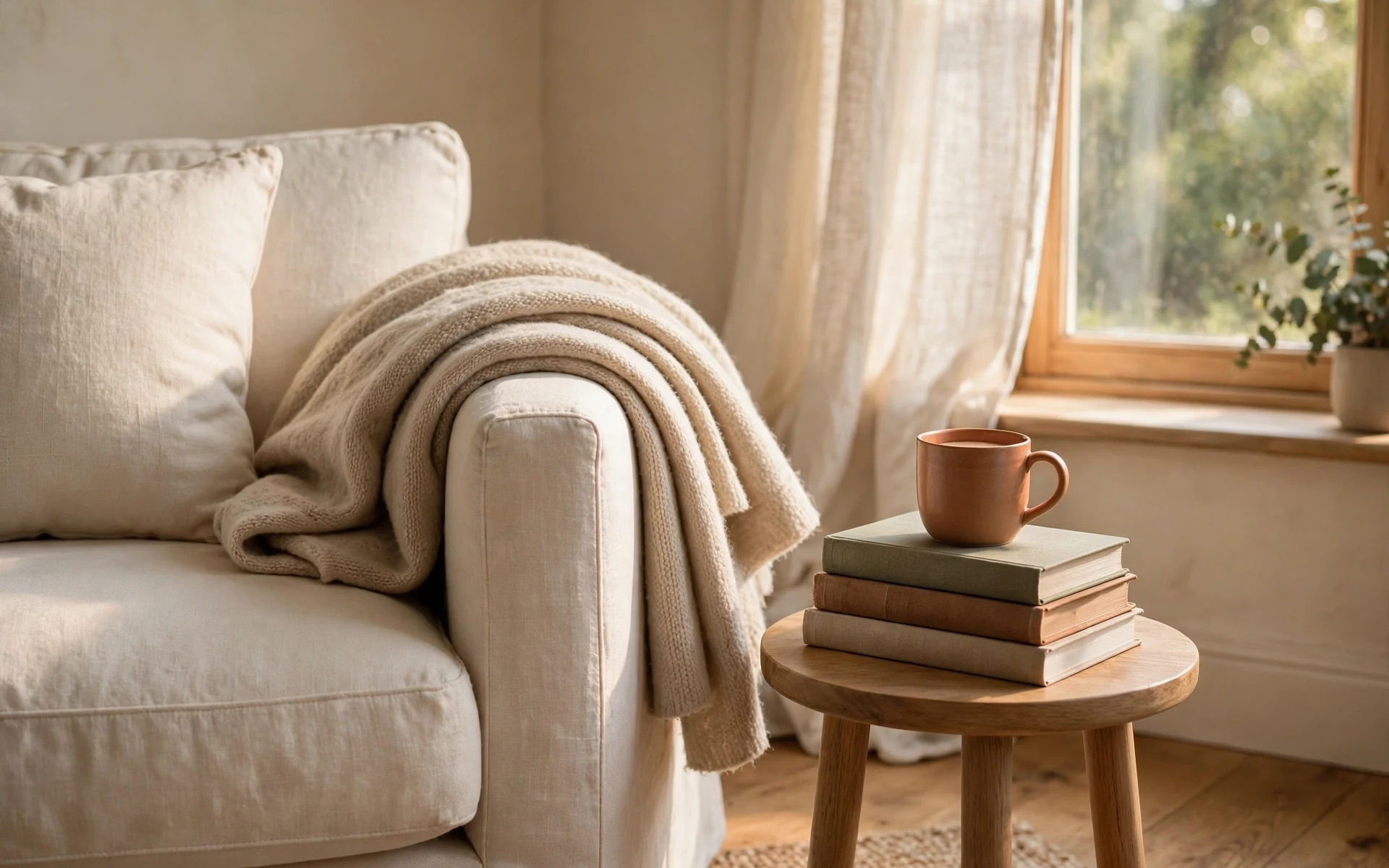 Cream sofa styling ideas forming a cozy reading corner with books and a side table