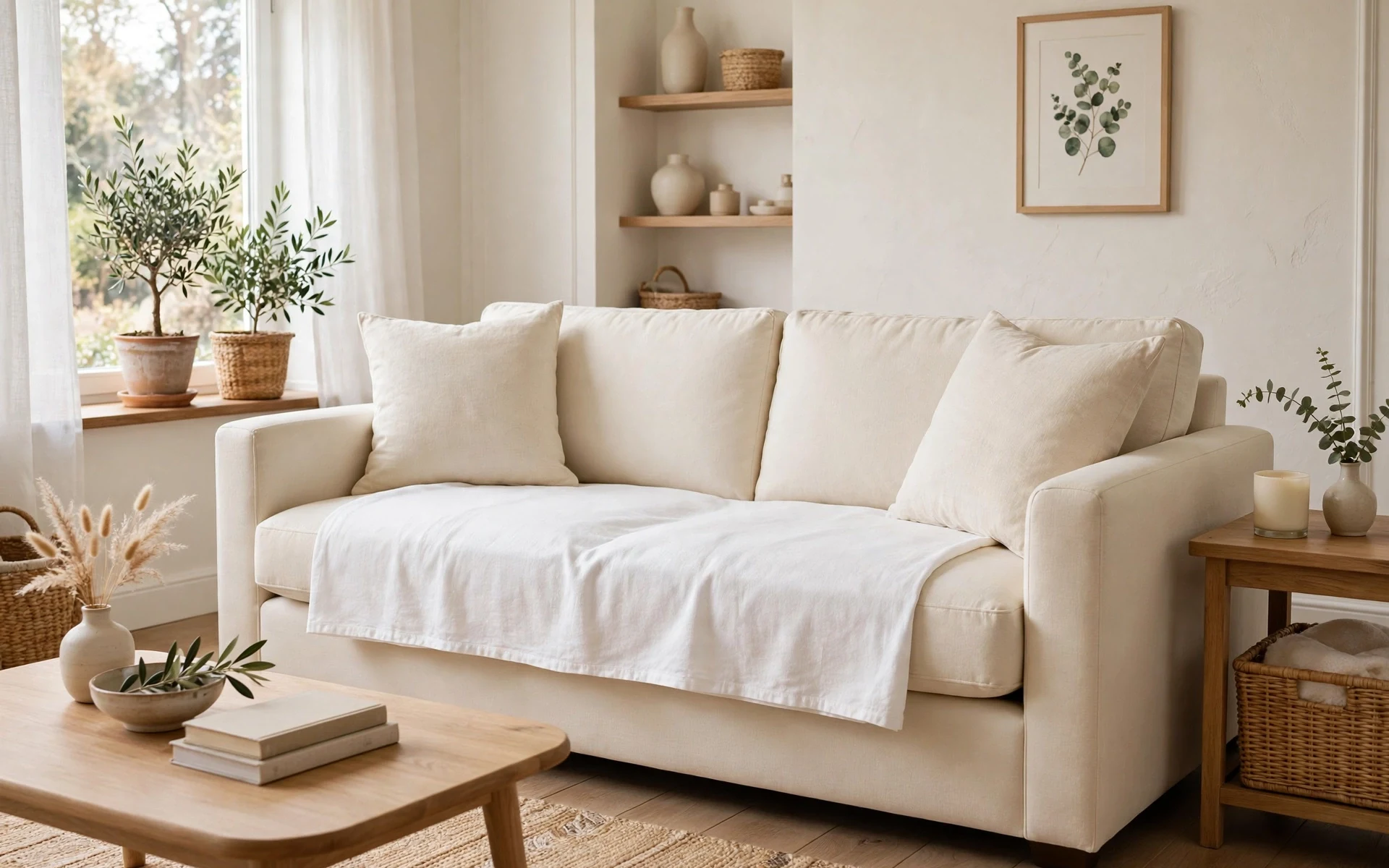 Cream sofa styling ideas kept fresh with a washable cotton throw over the main seat