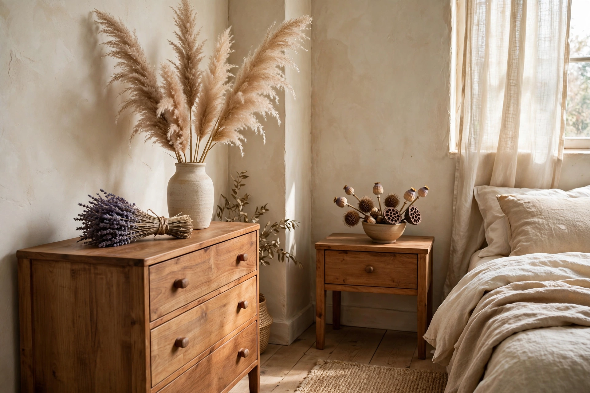 Earthy bedroom ideas: dried botanicals including pampas grass and lavender in a bedroom