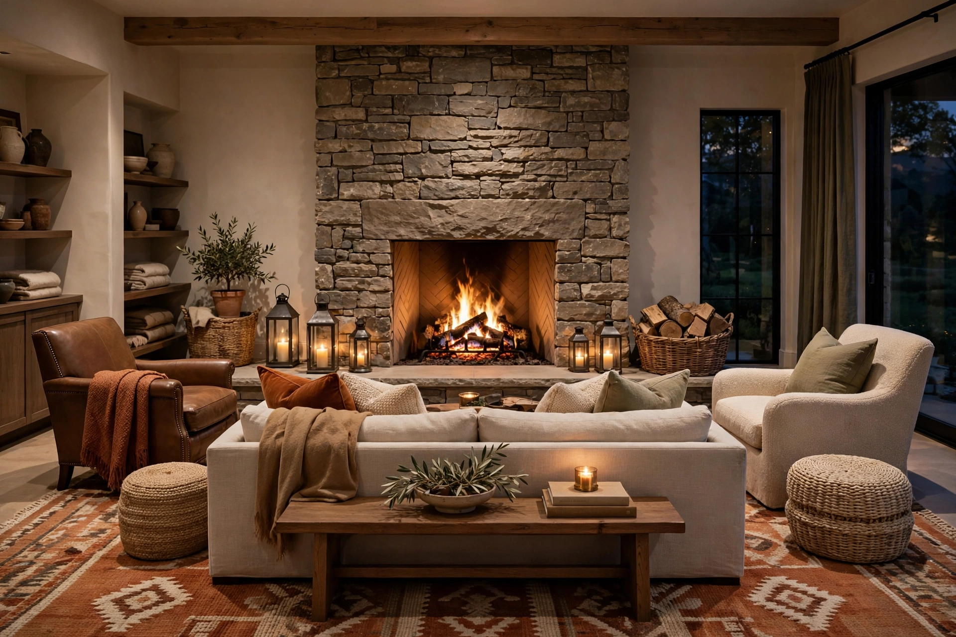 Stone fireplace ideas with a conversation seating zone of sofa and chairs around the stone hearth