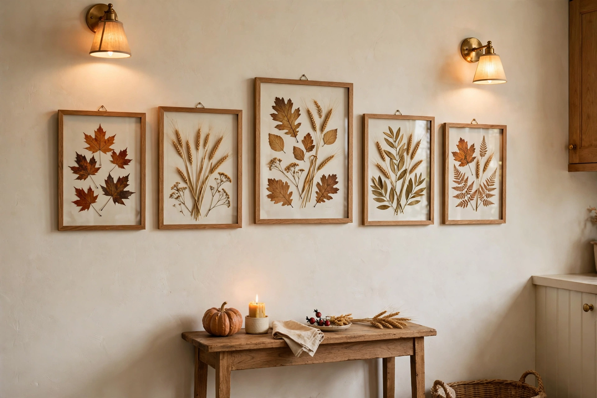 Fall kitchen decor ideas with framed autumn botanical prints on a kitchen wall