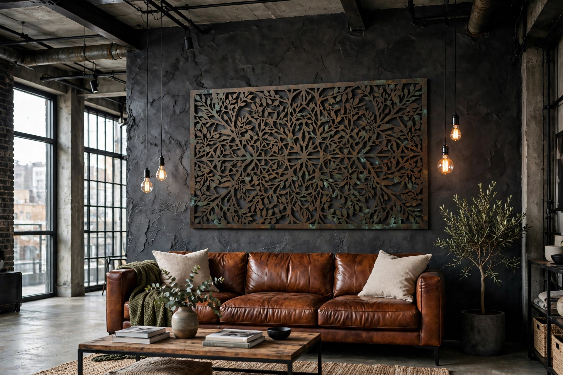 Laser-cut metal wall panel in bronze tones above a leather sofa — oversized wall art ideas for industrial rooms