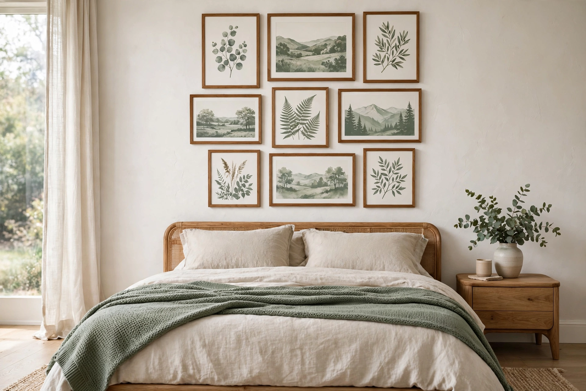 Sage green bedroom ideas with a sage-toned botanical gallery wall