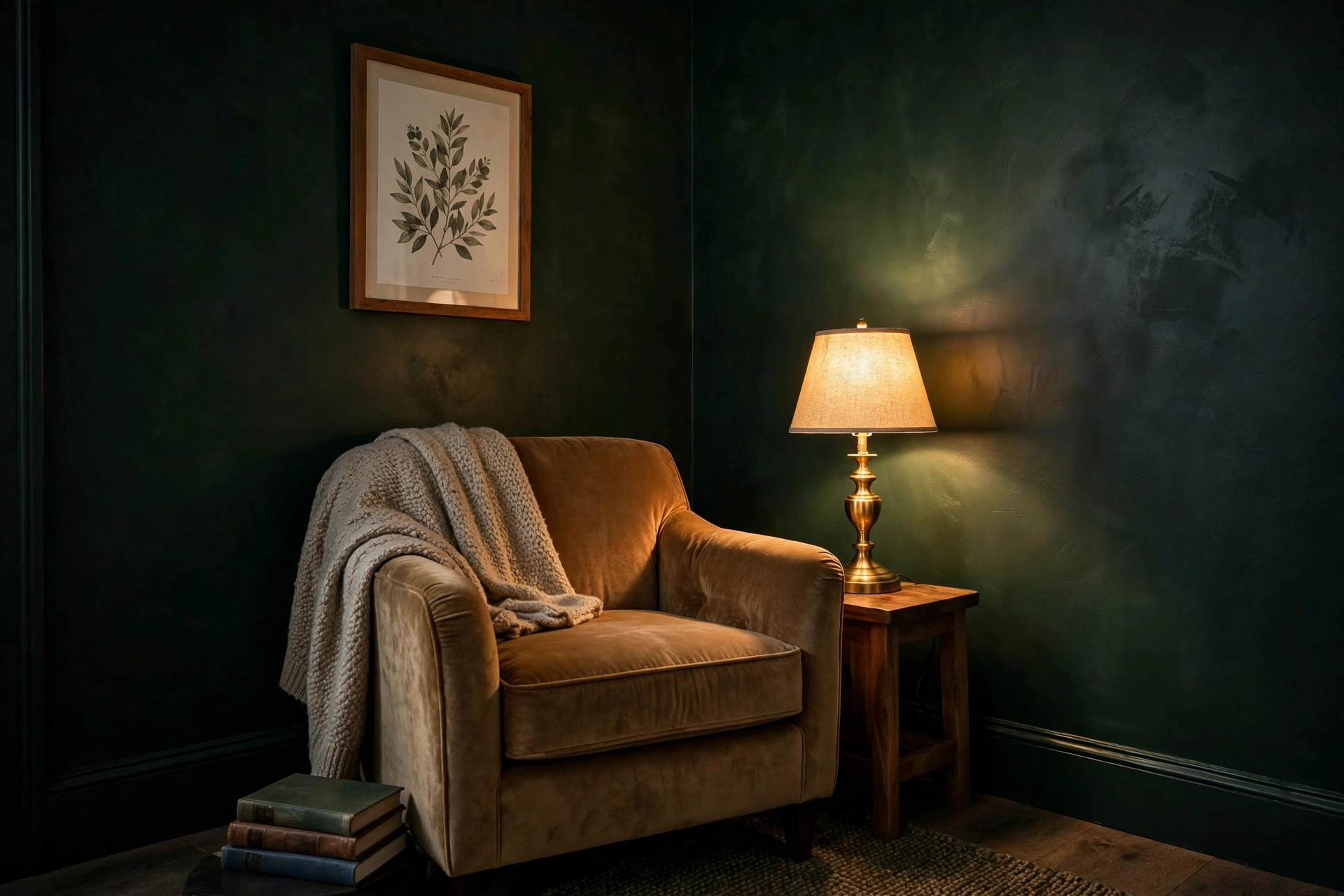 Reading nook ideas: dark green accent wall corner nook with a brass lamp, velvet chair, and books