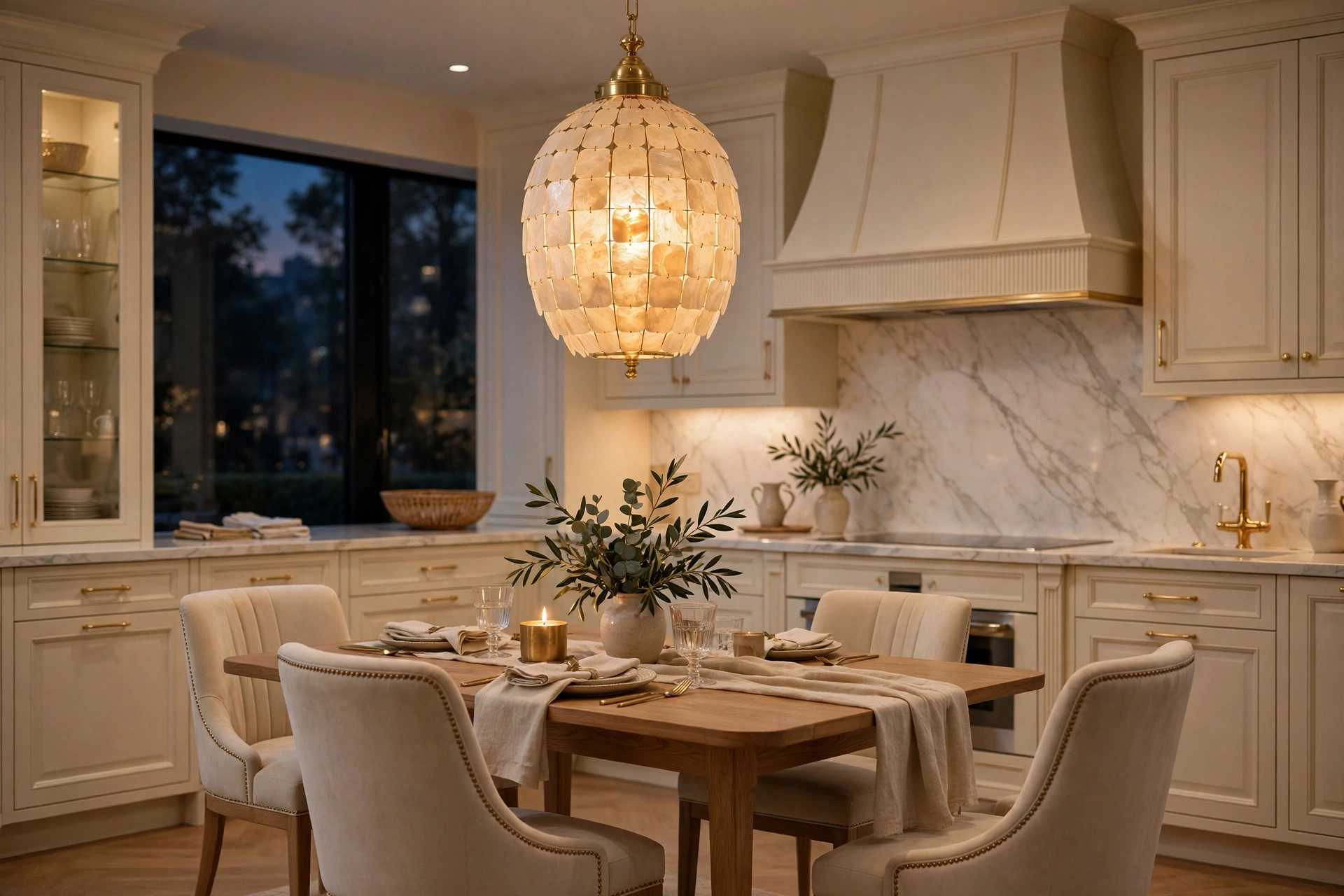 Kitchen pendant lighting ideas: glowing capiz shell pendant over a kitchen dining table